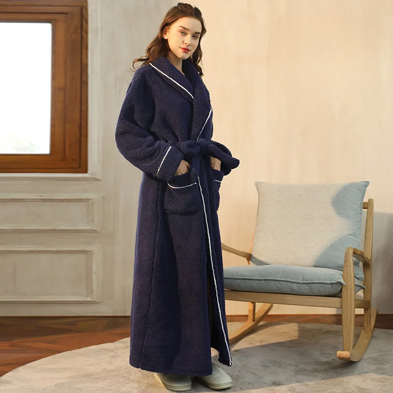 Women's Long Flannel Dressing Gown with Shawl Collar – Navy Blue