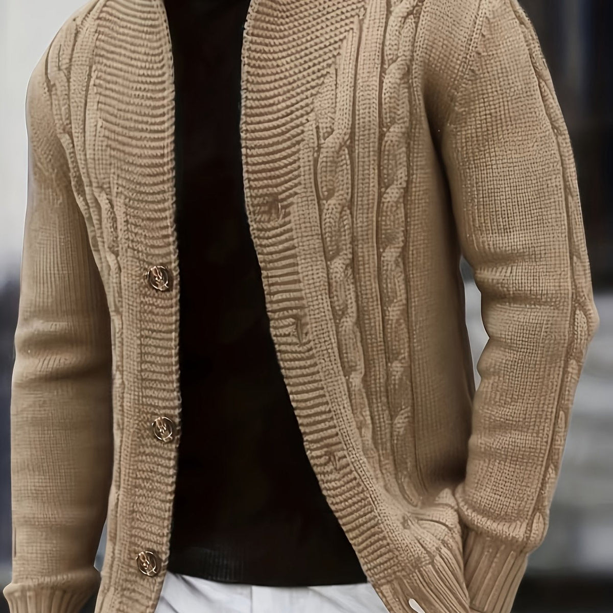 Women's Classic Cable-Knit Buttoned Cardigan – Khaki