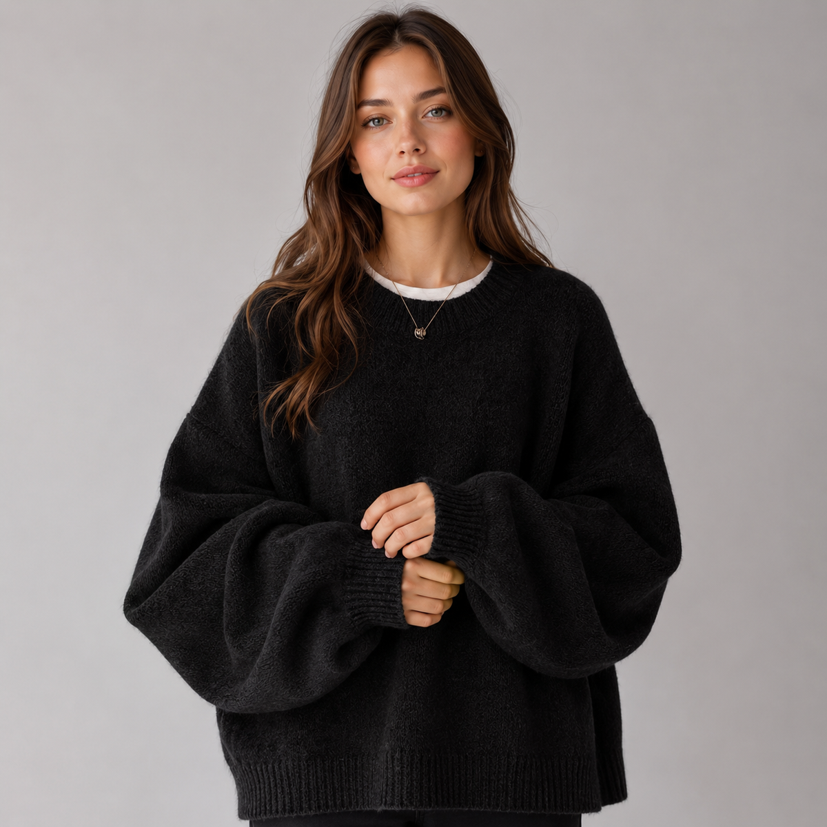 Women's Brushed Knit Jumper with Balloon Sleeves & Ribbed Hem – Black