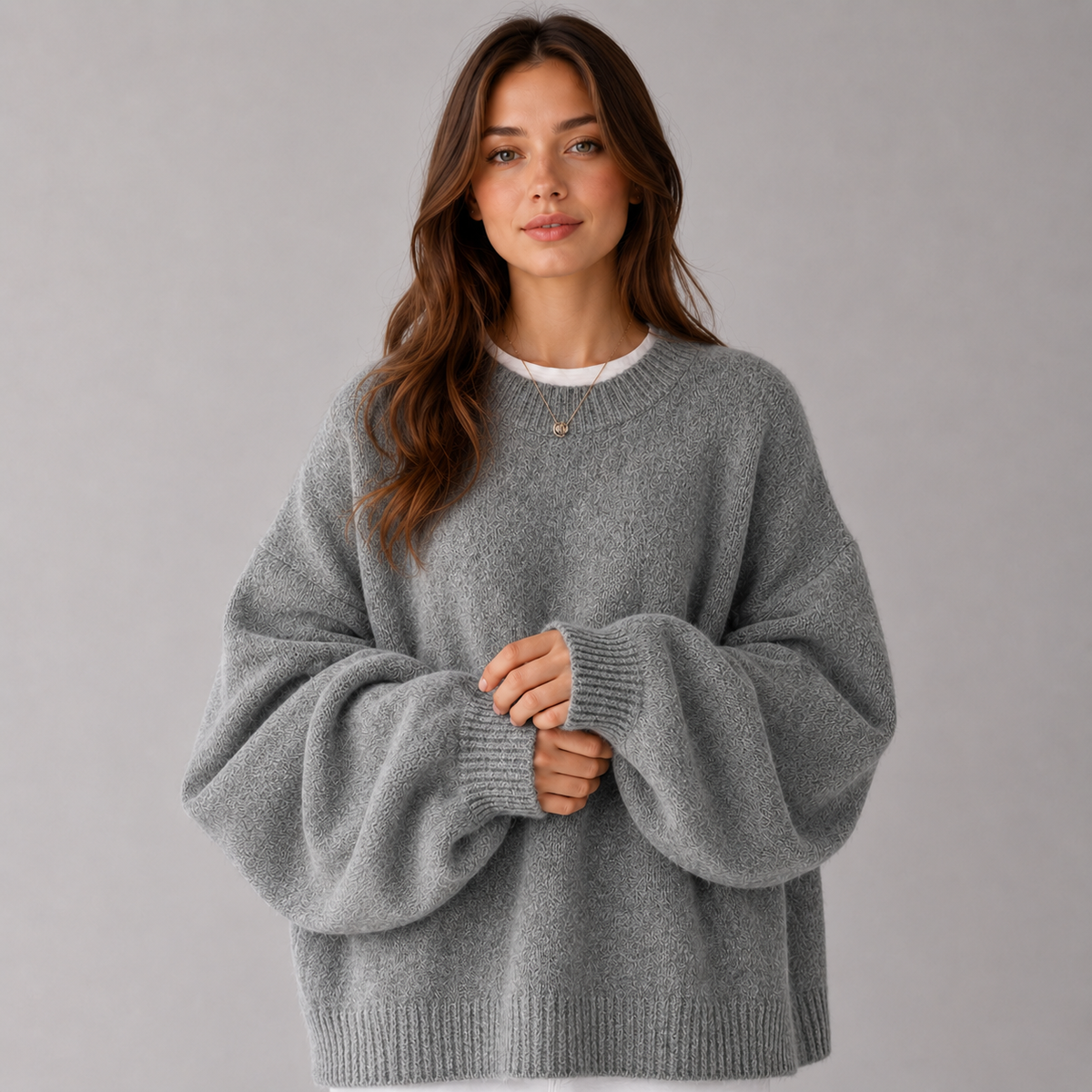 Women's Brushed Knit Jumper with Balloon Sleeves & Ribbed Hem – Dark Grey