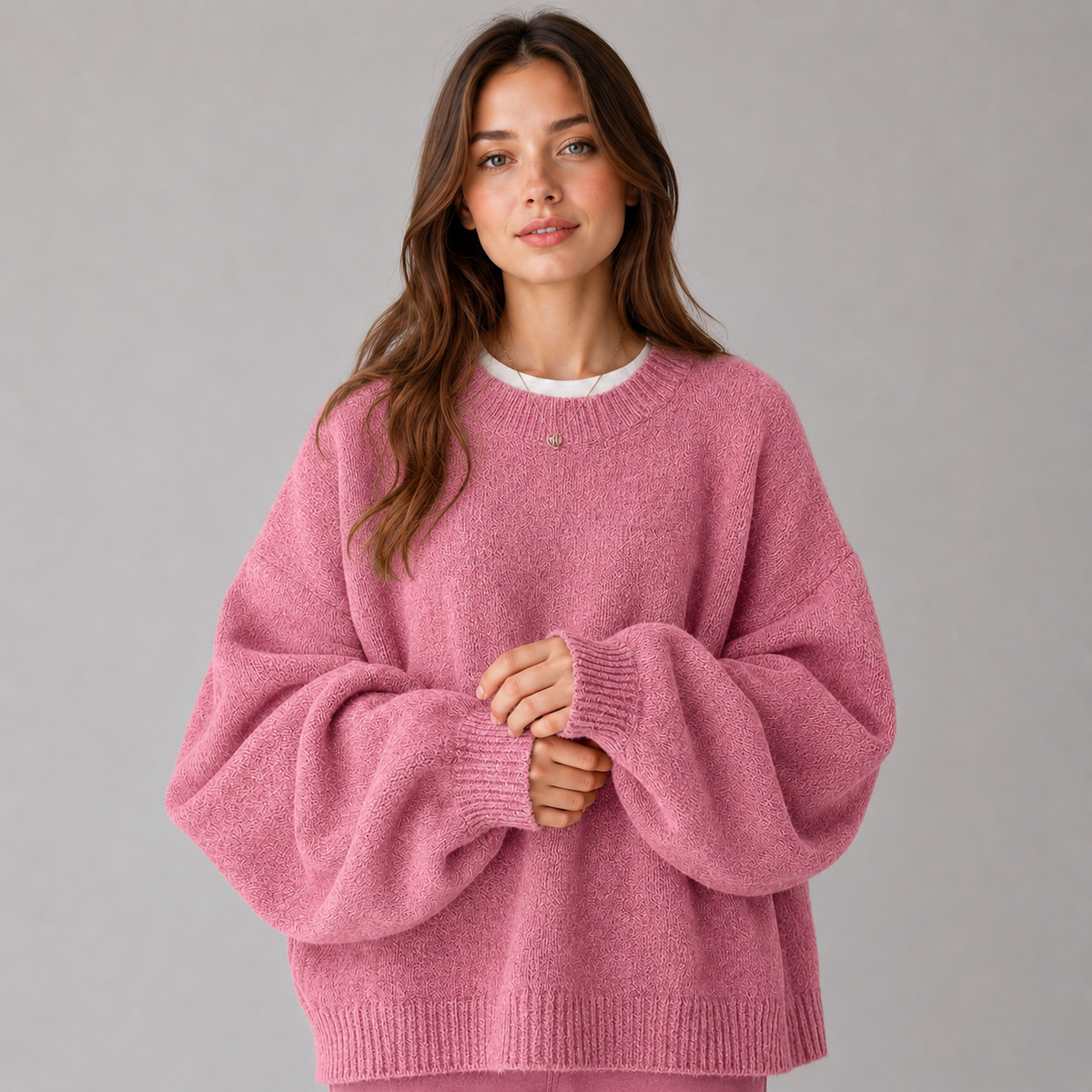 Women's Brushed Knit Jumper with Balloon Sleeves & Ribbed Hem – Pink