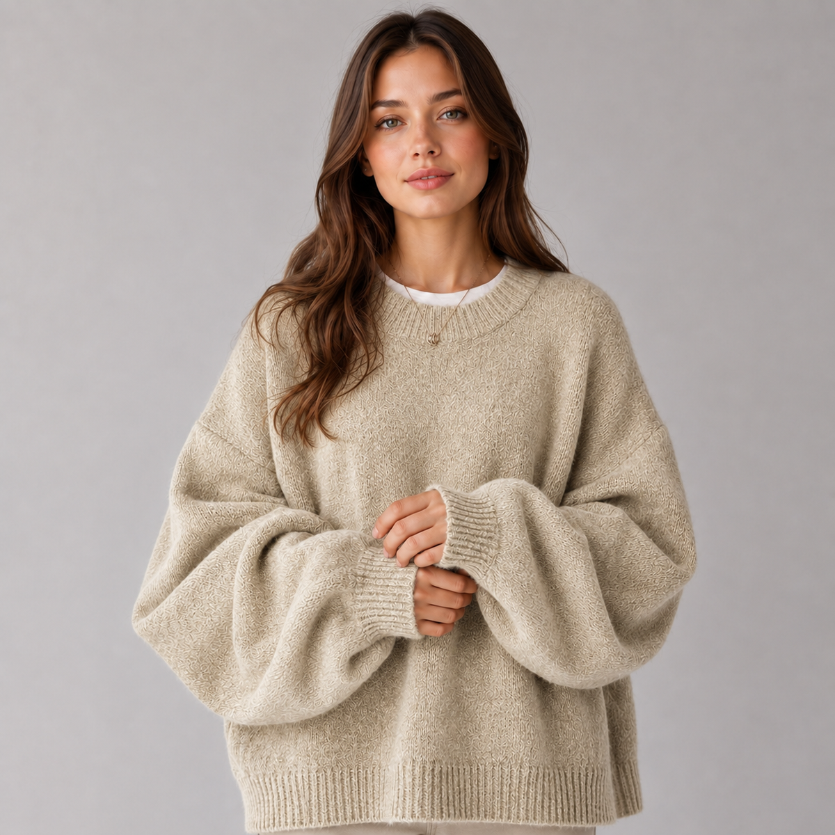 Women's Brushed Knit Jumper with Balloon Sleeves & Ribbed Hem – Beige