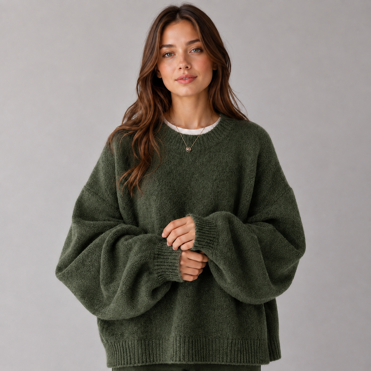 Women's Brushed Knit Jumper with Balloon Sleeves & Ribbed Hem – Olive