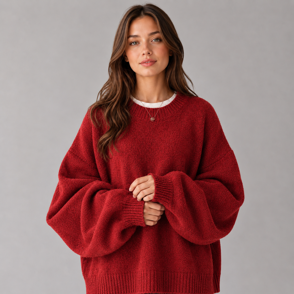 Women's Brushed Knit Jumper with Balloon Sleeves & Ribbed Hem – Maroon