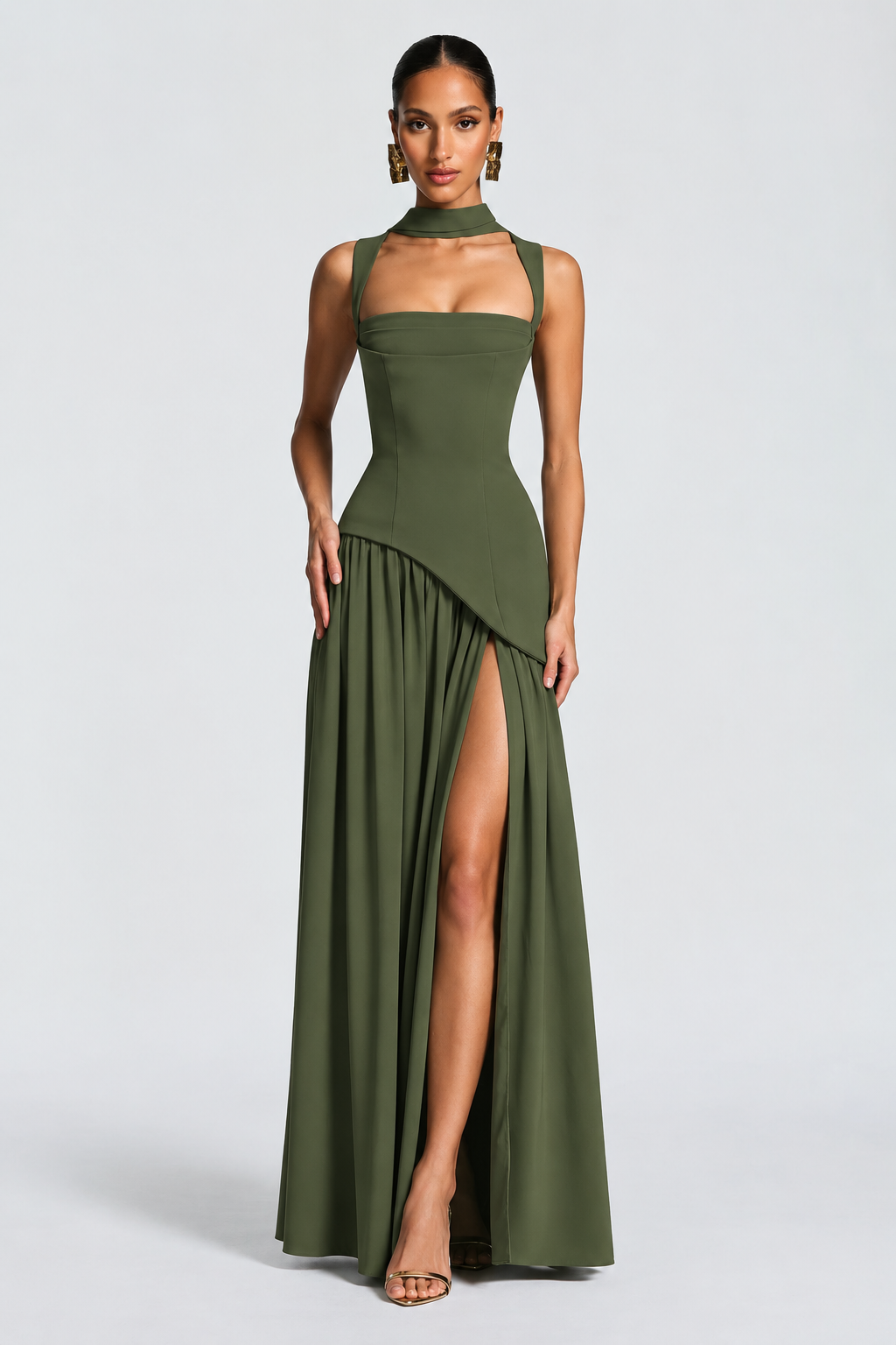 Women's Sleeveless A-Line Maxi Dress with Fitted Waist – Green