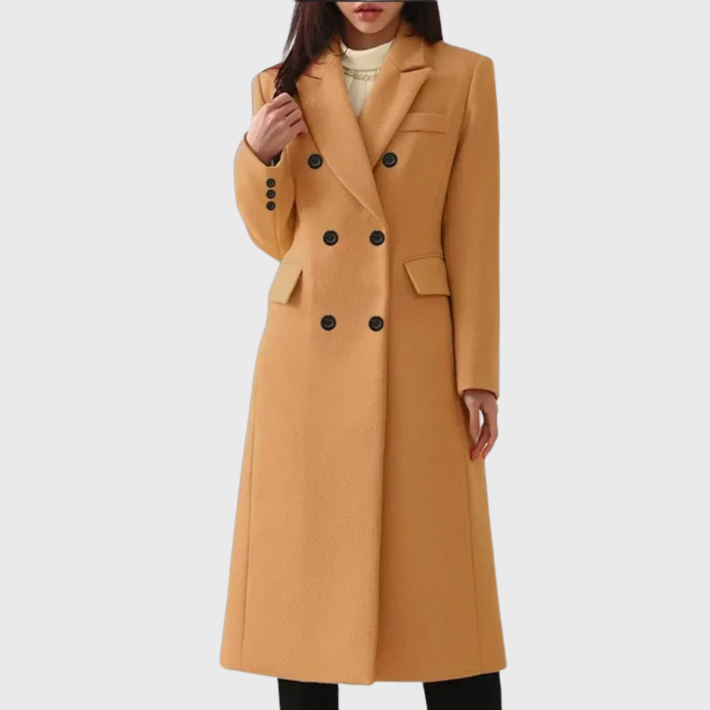 Women's Tailored Double-Breasted Coat with Notched Lapels – Brown