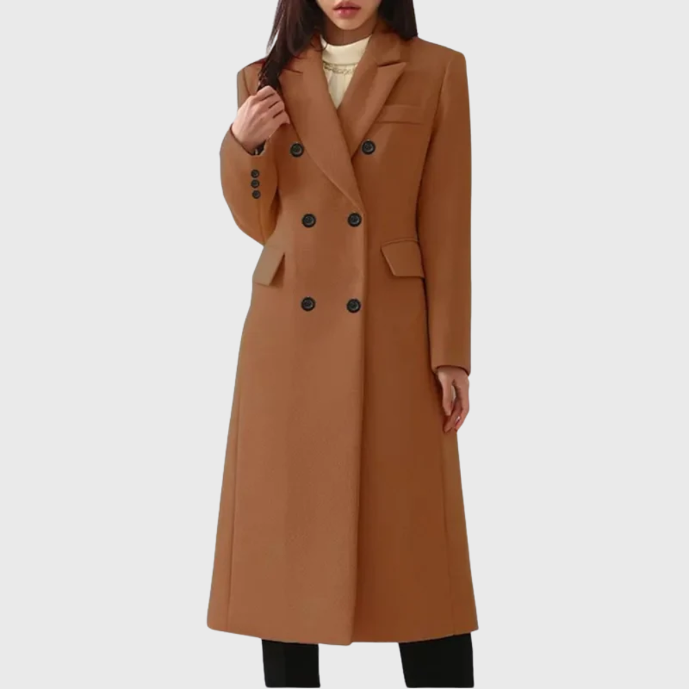 Women's Tailored Double-Breasted Coat with Notched Lapels – Dark Brown