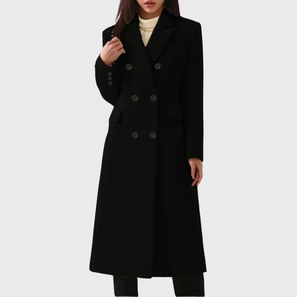 Women's Tailored Double-Breasted Coat with Notched Lapels – Black