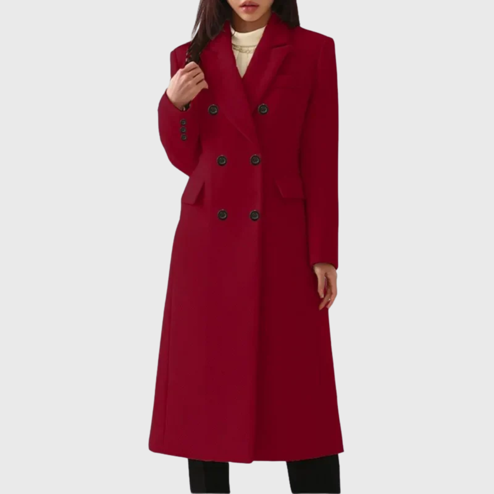 Women's Tailored Double-Breasted Coat with Notched Lapels – Wine Red