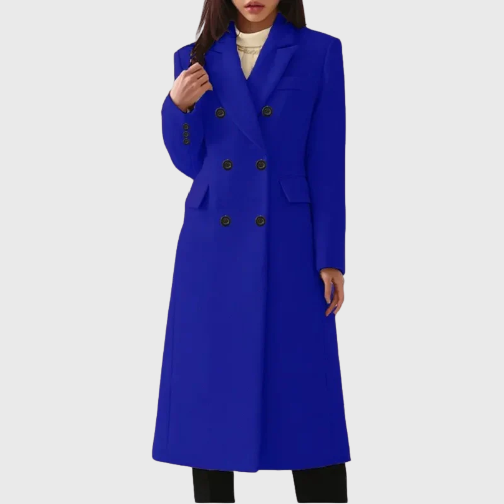 Women's Tailored Double-Breasted Coat with Notched Lapels – Blue