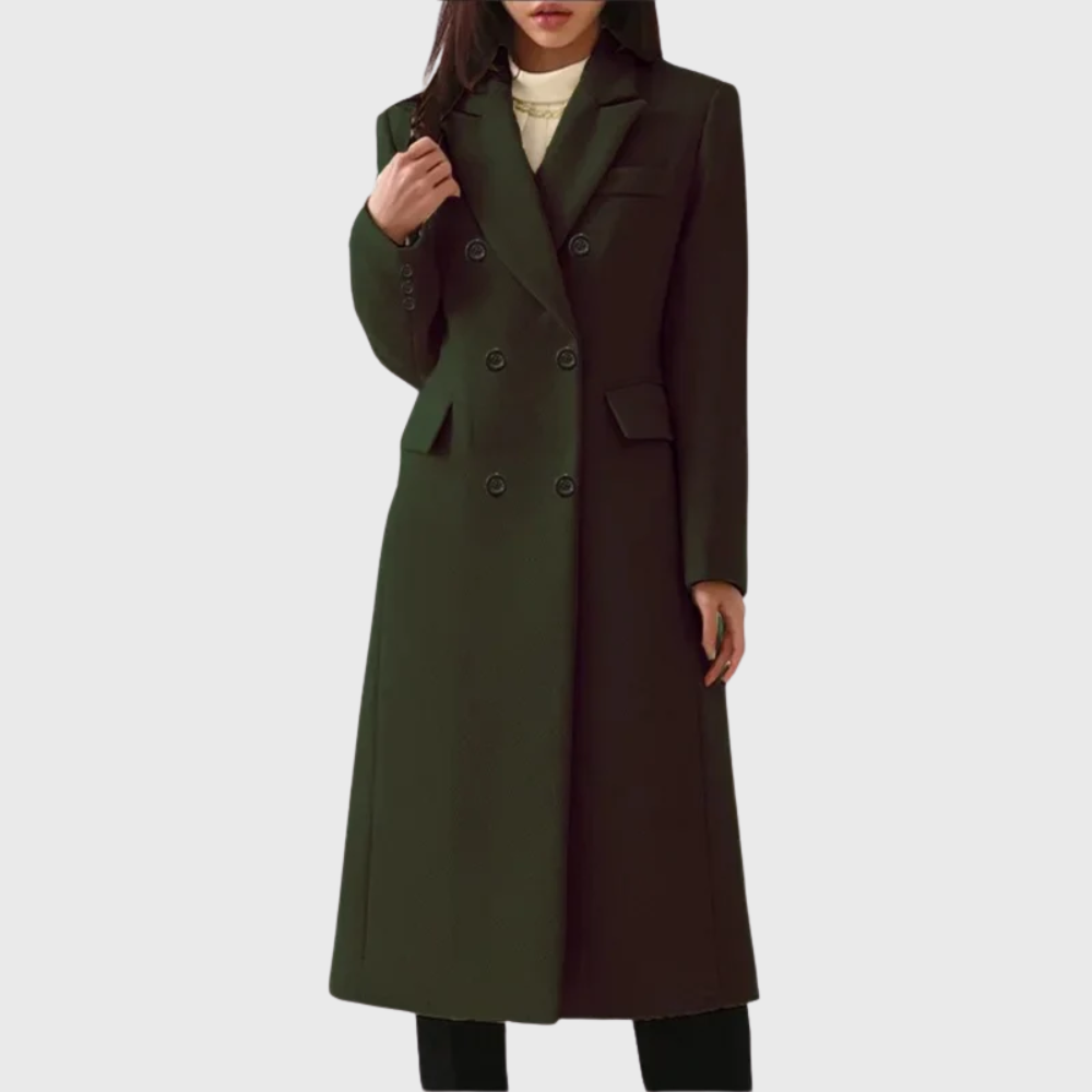 Women's Tailored Double-Breasted Coat with Notched Lapels – Dark Green