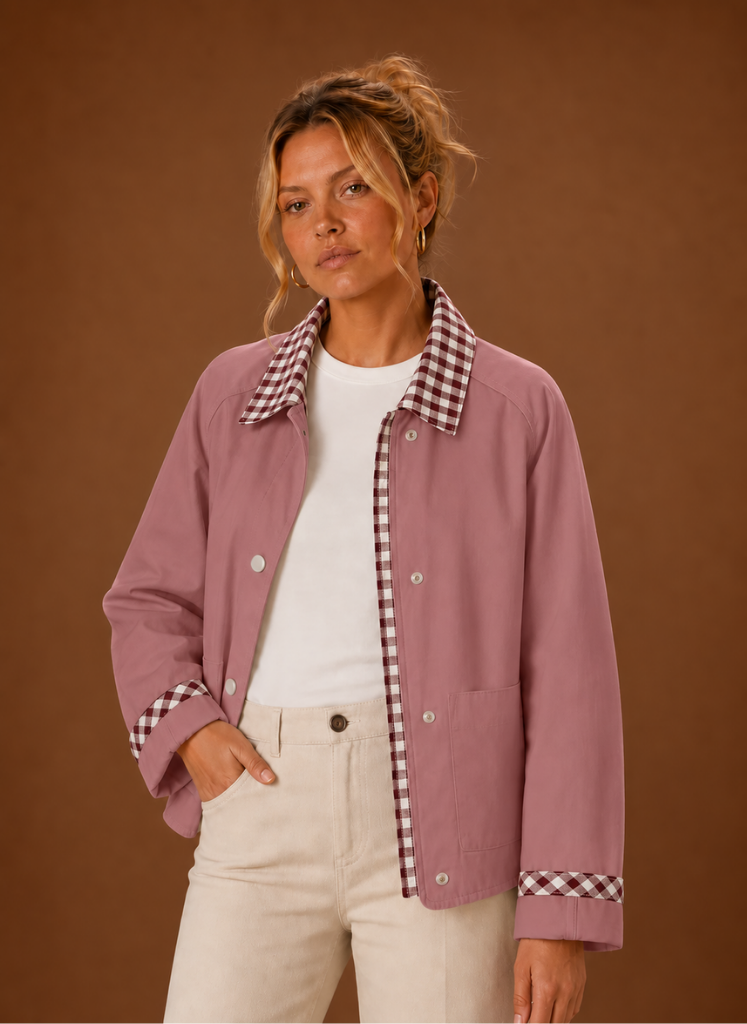 Women's Barn Jacket with Check Collar – Pink