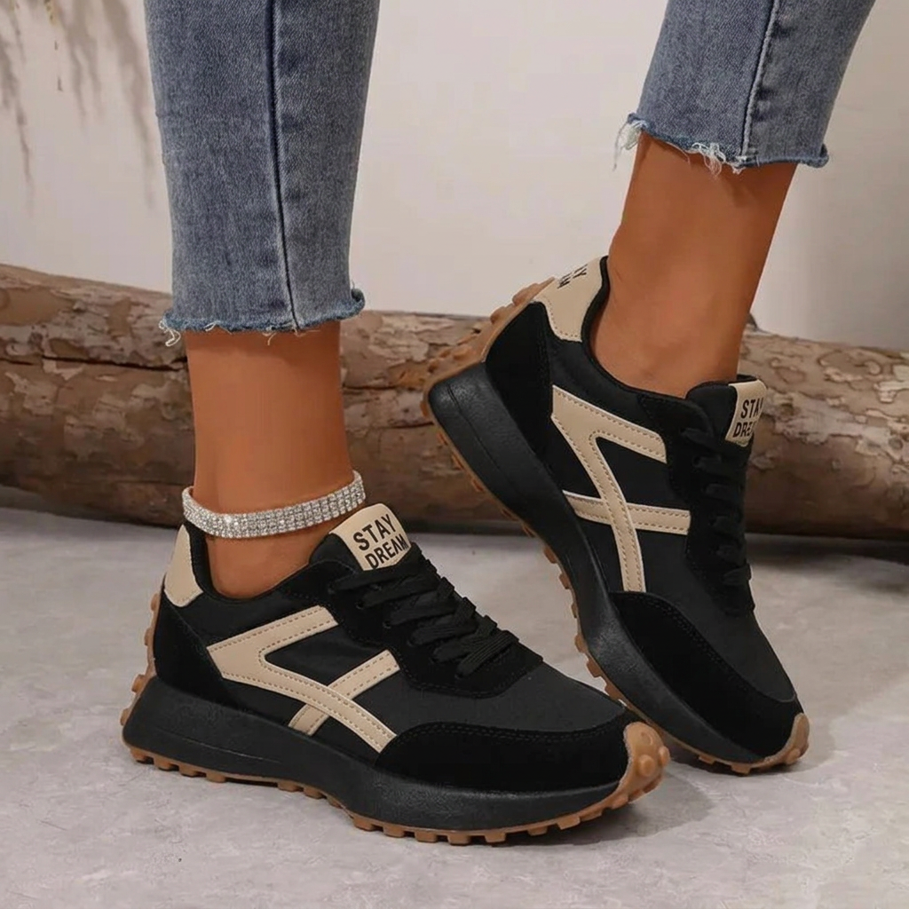 Women's Lace-Up Cushioned Trainers with Gum Sole – Black - Beige