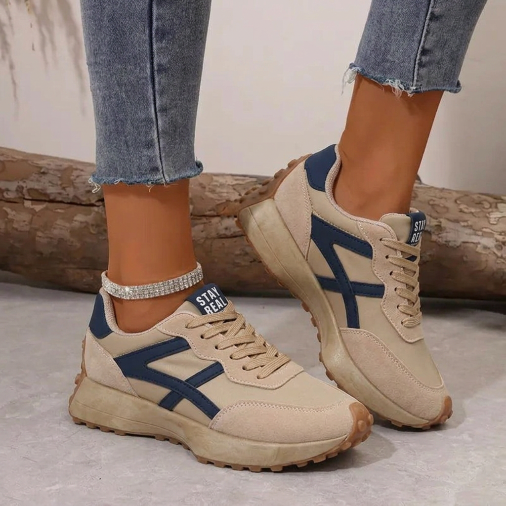 Women's Lace-Up Cushioned Trainers with Gum Sole – Beige - Blue