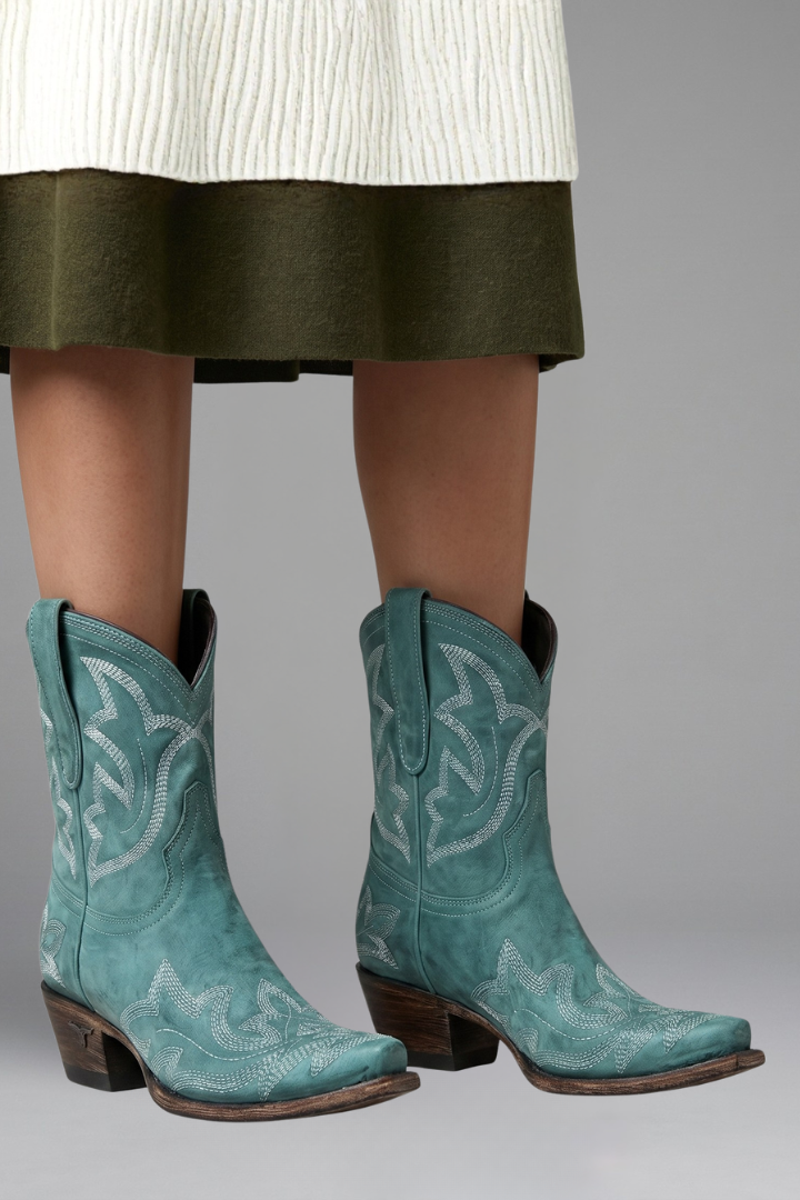 Women's Embroidered Pointed-Toe Cowboy Boots with Stacked Heel – Turquoise Teal