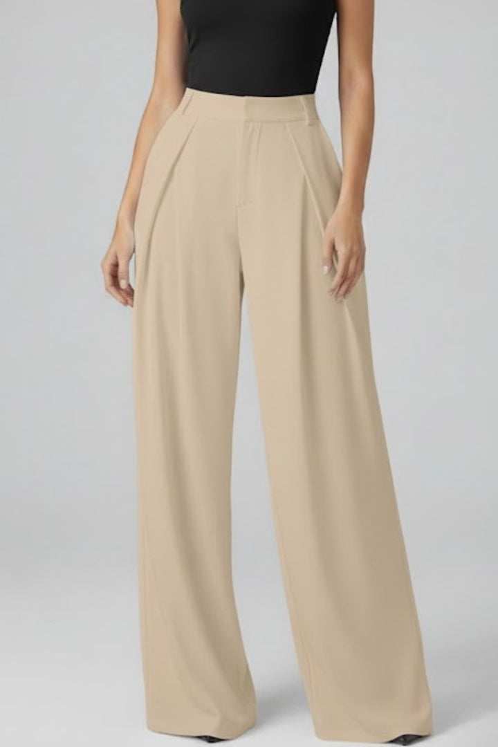 Women's High-Rise Pleated Wide-Leg Trousers – Beige