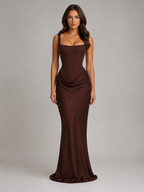 Women's Bodycon Corset Maxi Dress with Square Neck – Brown