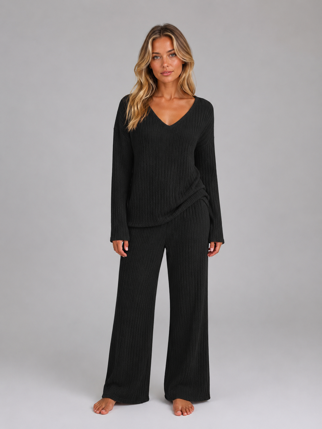 Women's Ribbed Knit Lounge Co-ord – Black