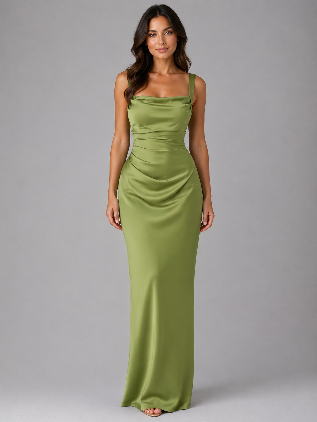 Women's Satin-Look Ruched-Waist Maxi Dress – Green