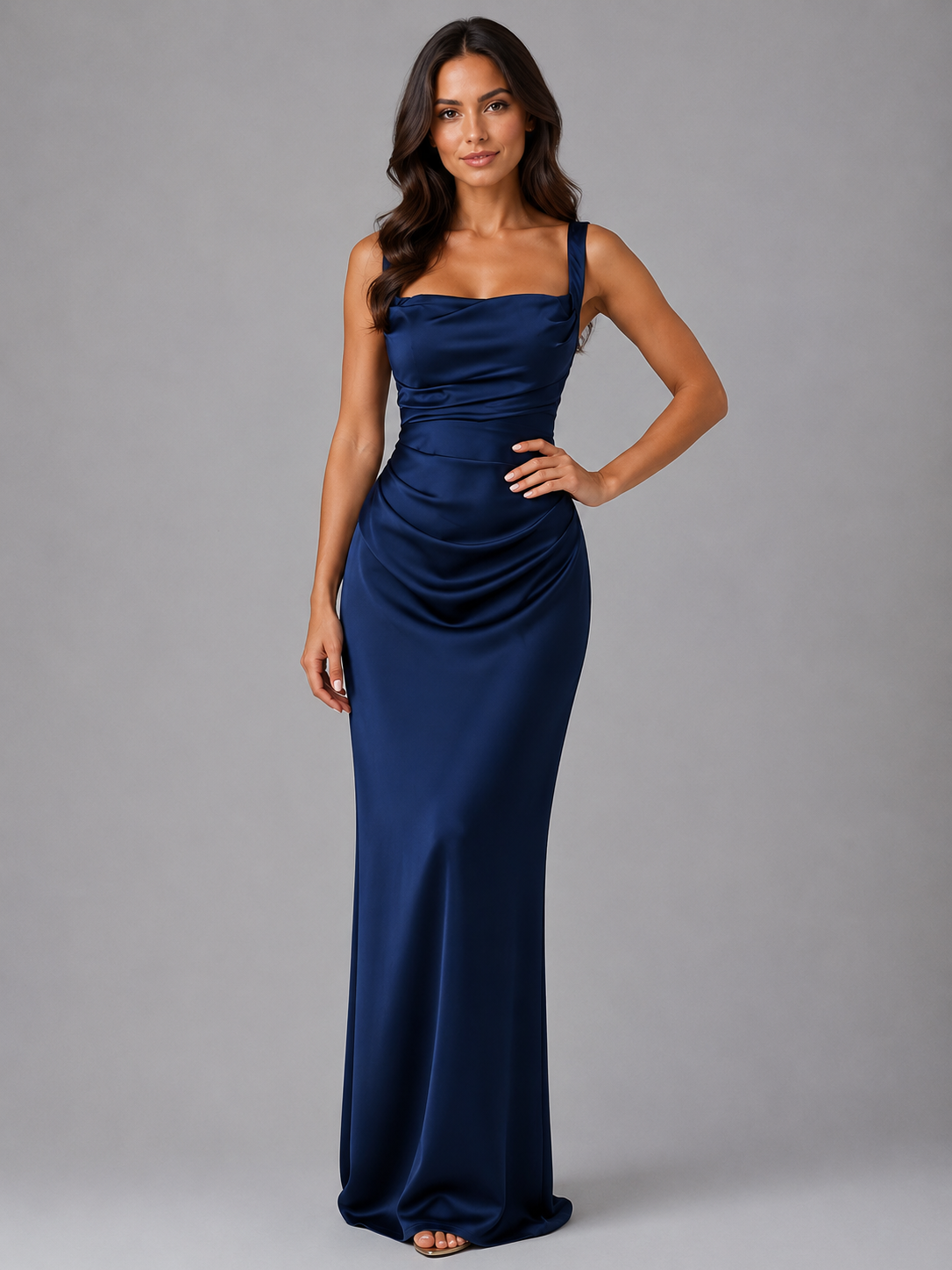 Women's Satin-Look Ruched-Waist Maxi Dress – Navy