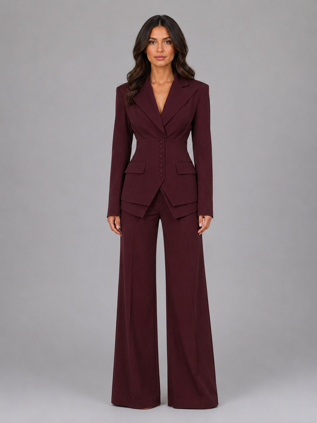 Women's Fitted Three-Piece Suit with Wide-Leg Trousers – Burgundy