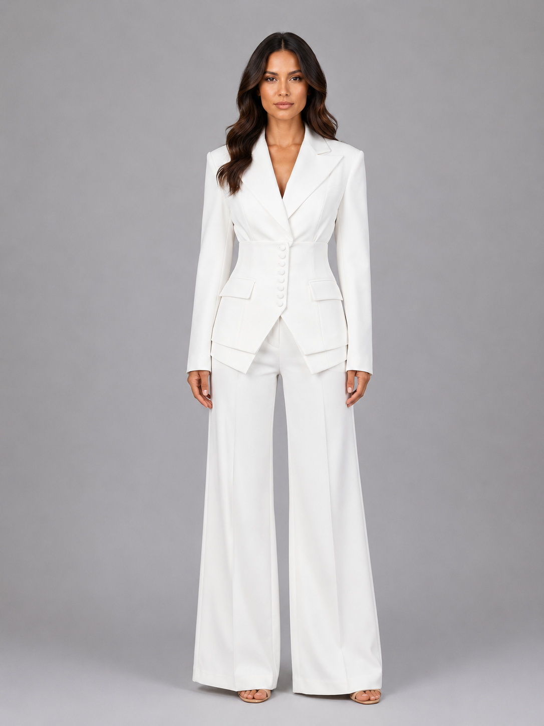 Women's Fitted Three-Piece Suit with Wide-Leg Trousers – White