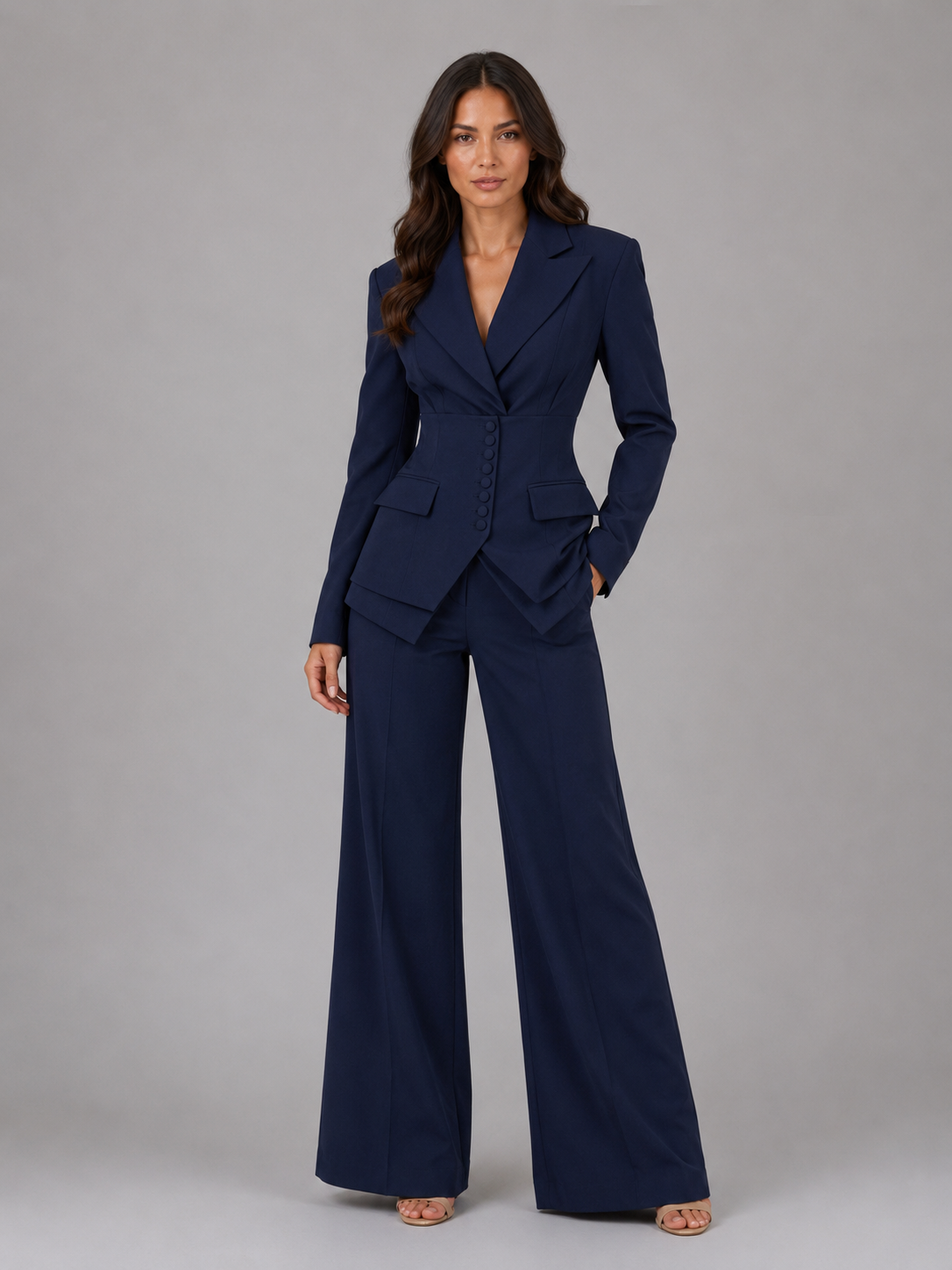 Women's Fitted Three-Piece Suit with Wide-Leg Trousers – Navy