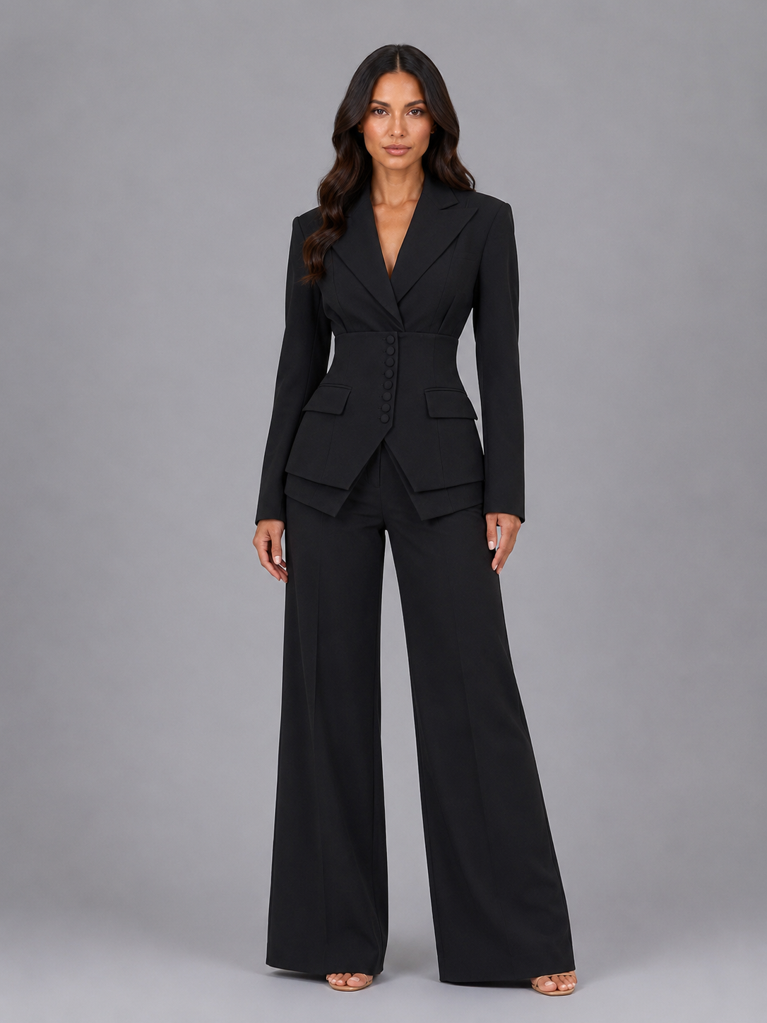 Women's Fitted Three-Piece Suit with Wide-Leg Trousers – Black