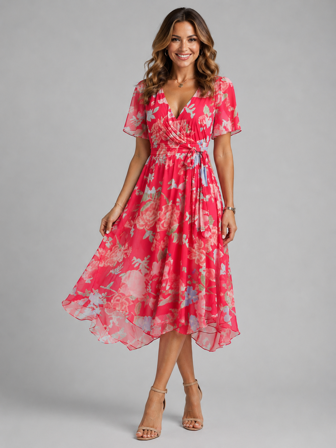 Women's Printed V-Neck Midi Dress with Flutter Sleeves – Rose Red