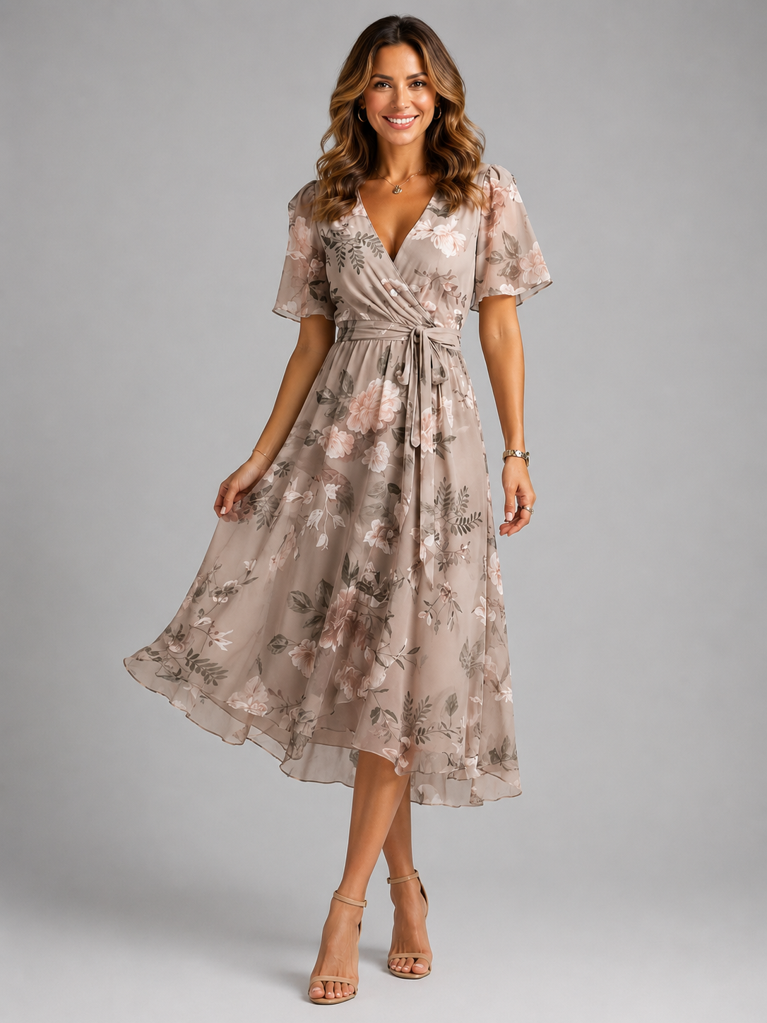 Women's Printed V-Neck Midi Dress with Flutter Sleeves – Apricot