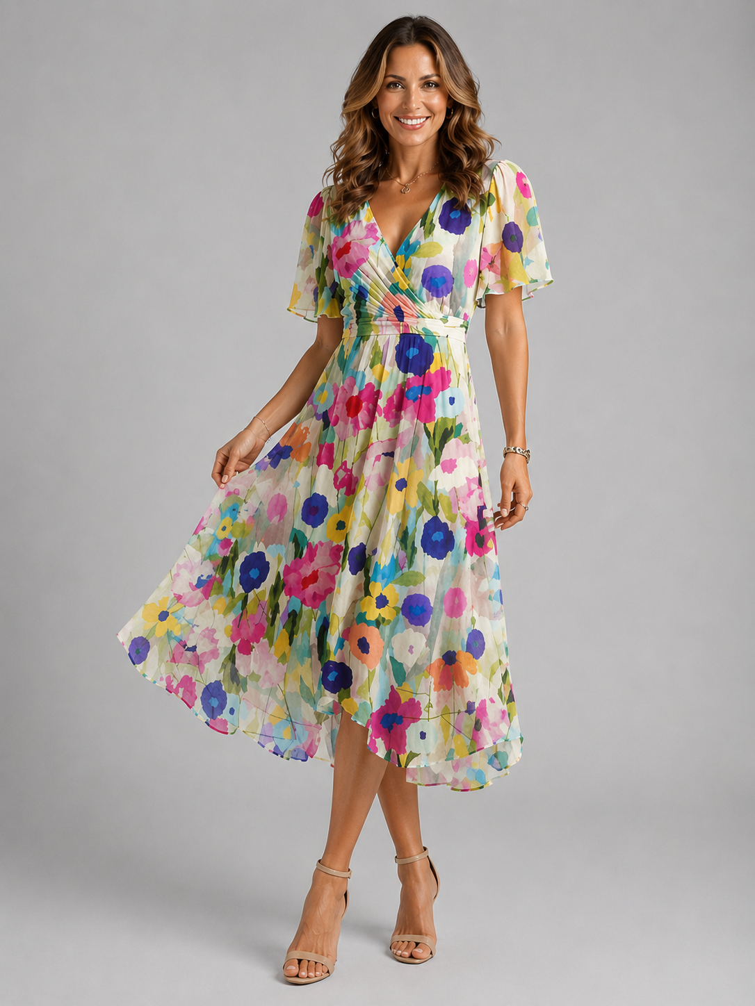 Women's Printed V-Neck Midi Dress with Flutter Sleeves – Multi