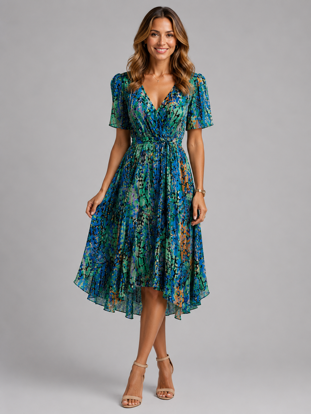 Women's Printed V-Neck Midi Dress with Flutter Sleeves – Blue