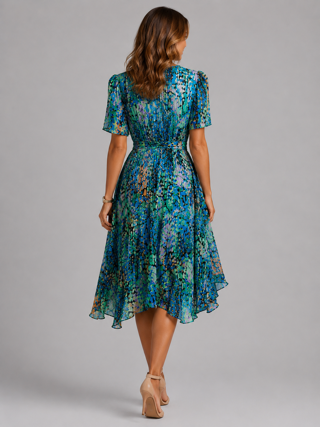 Women's Printed V-Neck Midi Dress with Flutter Sleeves