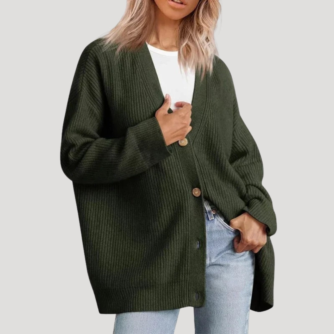 Women's Chunky Knit Oversized V-Neck Button-Front Cardigan – Green