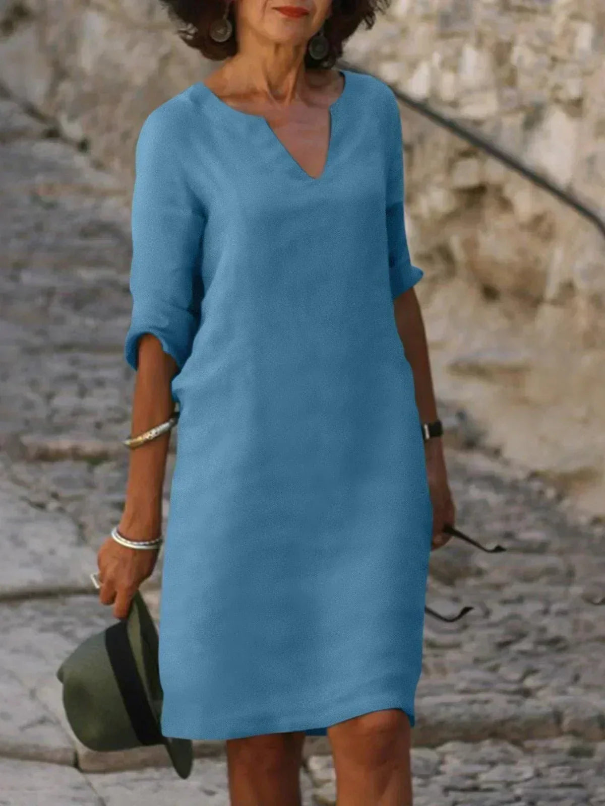 Women's V-Neck Mid Sleeve Shift Dress – Light Blue