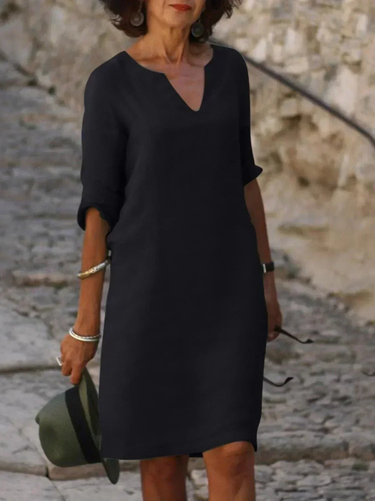 Women's V-Neck Mid Sleeve Shift Dress