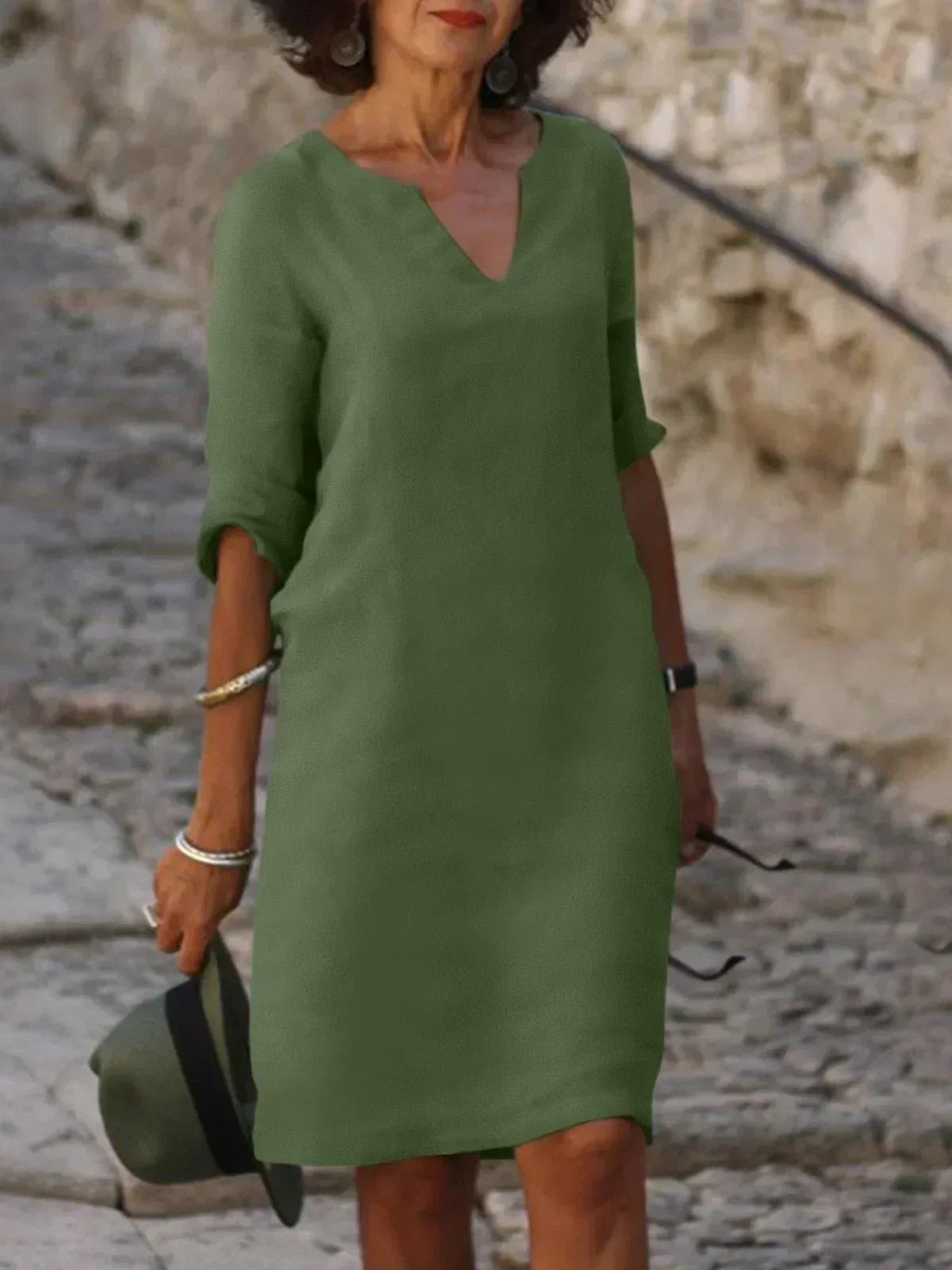 Women's V-Neck Mid Sleeve Shift Dress – Olive Green