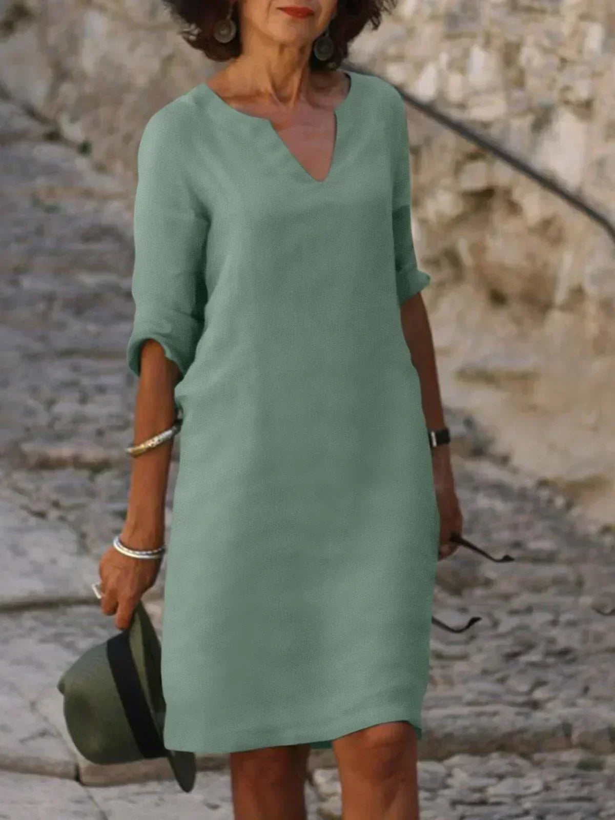 Women's V-Neck Mid Sleeve Shift Dress – Green