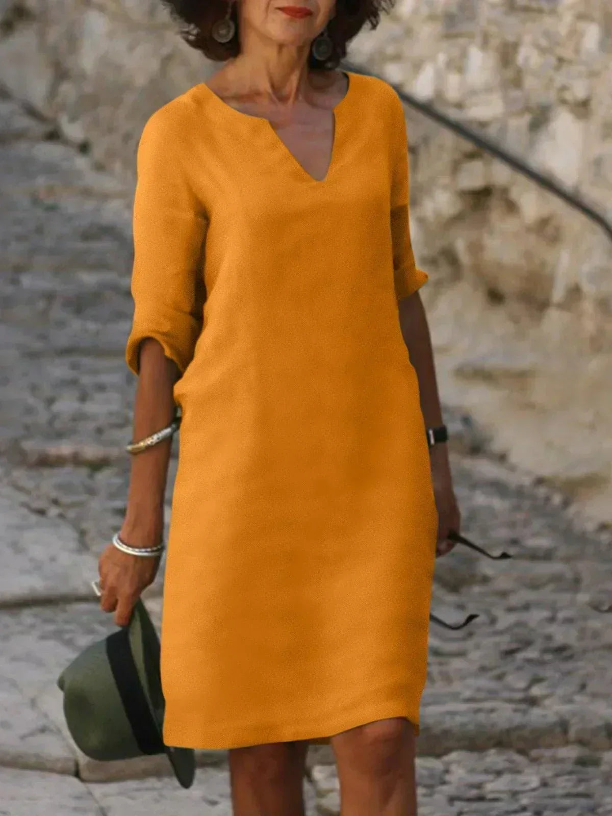 Women's V-Neck Mid Sleeve Shift Dress – Orange
