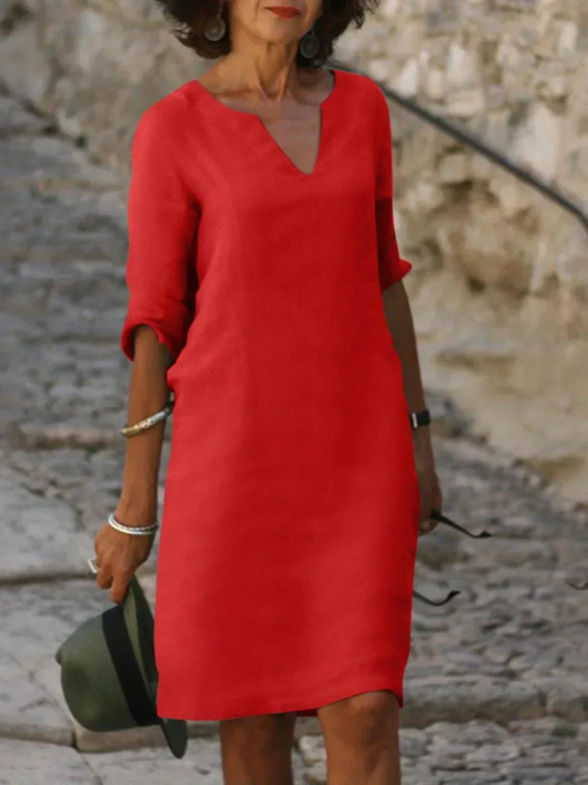 Women's V-Neck Mid Sleeve Shift Dress – Red