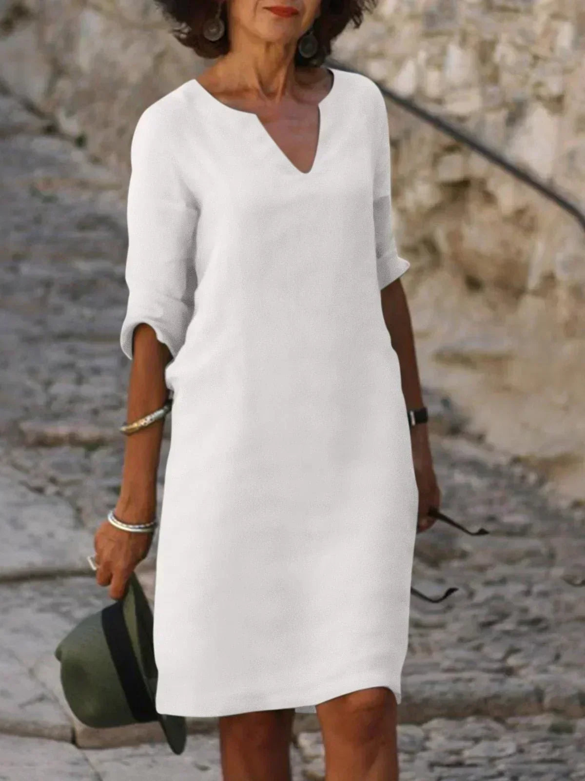 Women's V-Neck Mid Sleeve Shift Dress – White