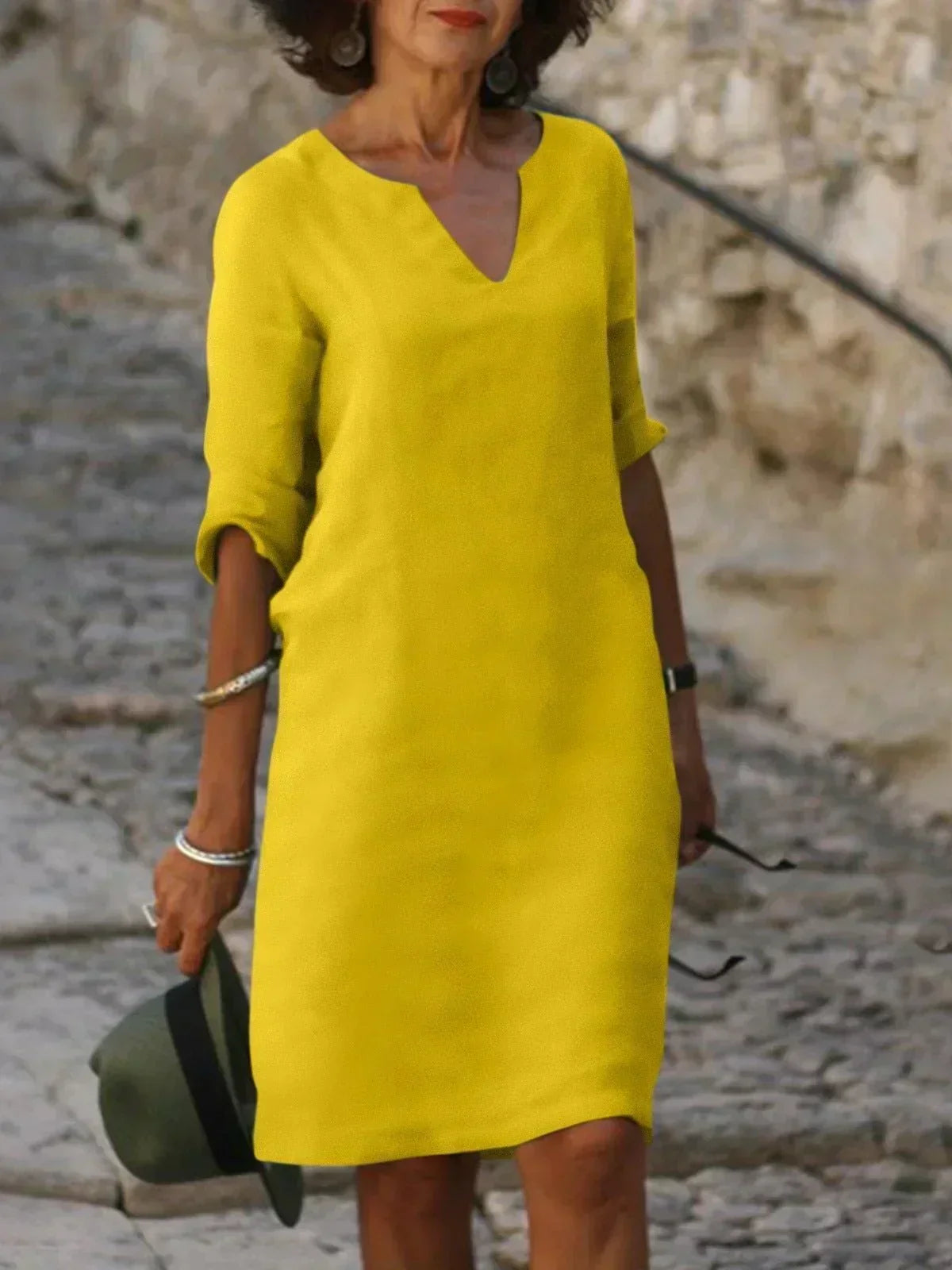 Women's V-Neck Mid Sleeve Shift Dress – Yellow