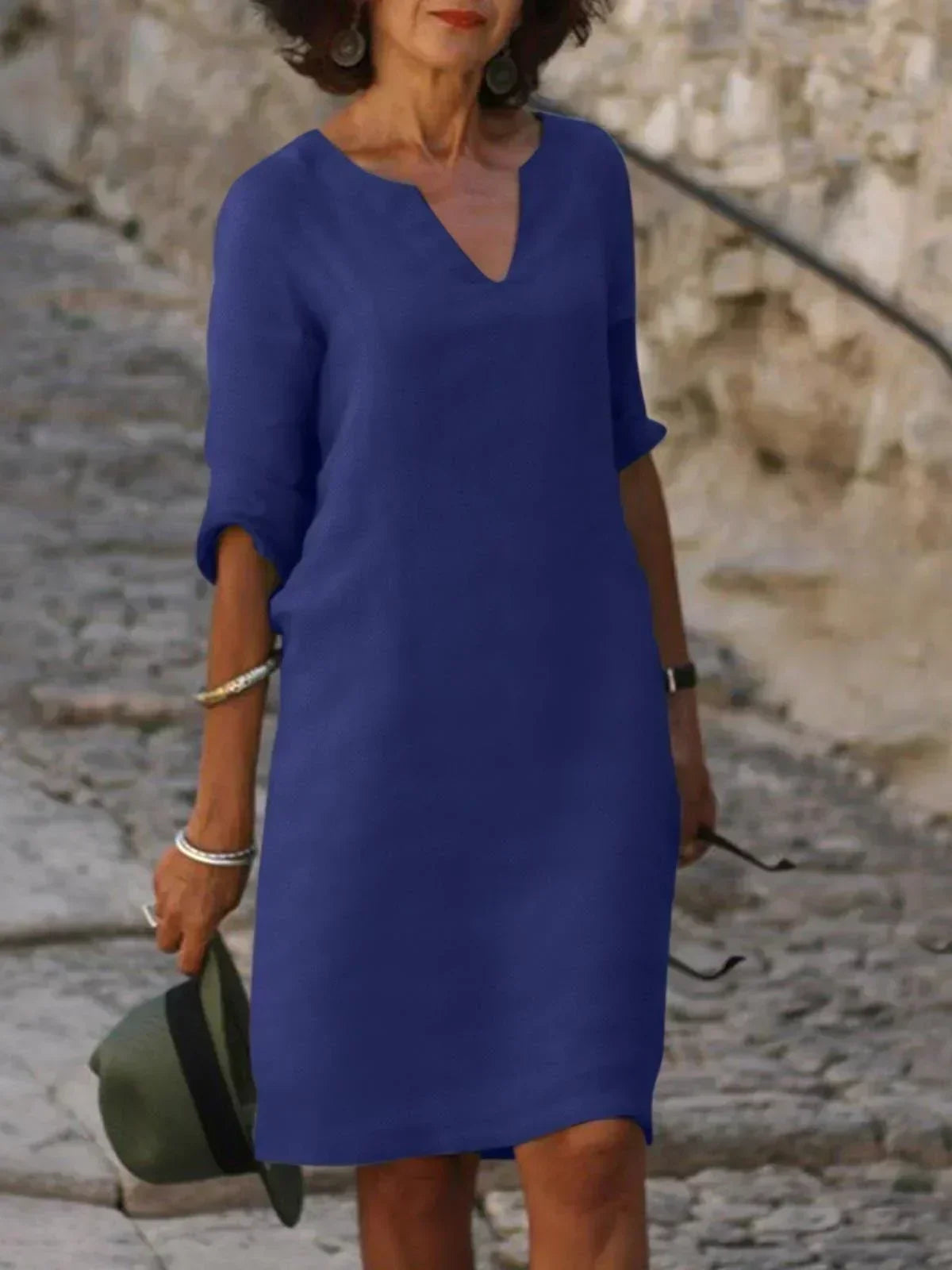 Women's V-Neck Mid Sleeve Shift Dress – Navy Blue