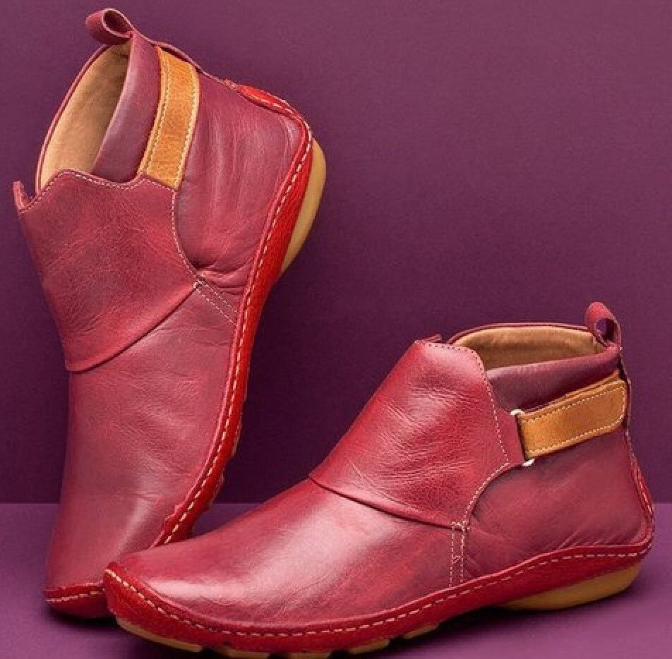 Women's Hand-Stitched Ankle Boots with Adjustable Strap – Red