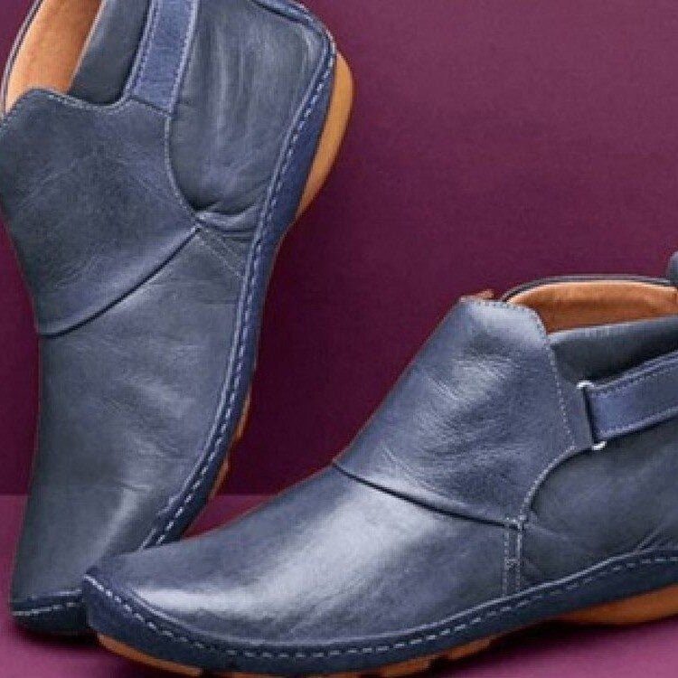 Women's Hand-Stitched Ankle Boots with Adjustable Strap – Navy Blue