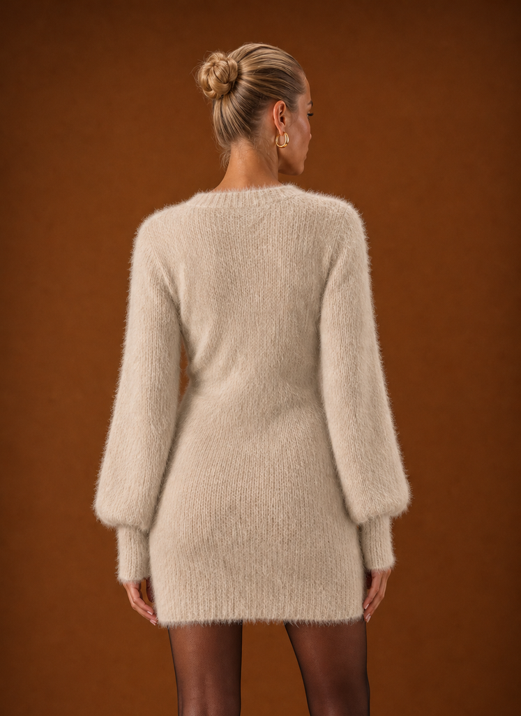 Women's Fuzzy V-Neck Bodycon Mini Sweater Dress with Balloon Sleeves