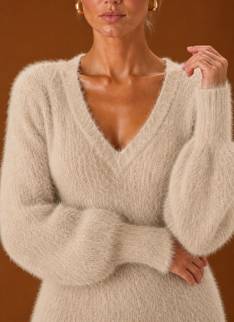 Women's Fuzzy V-Neck Bodycon Mini Sweater Dress with Balloon Sleeves