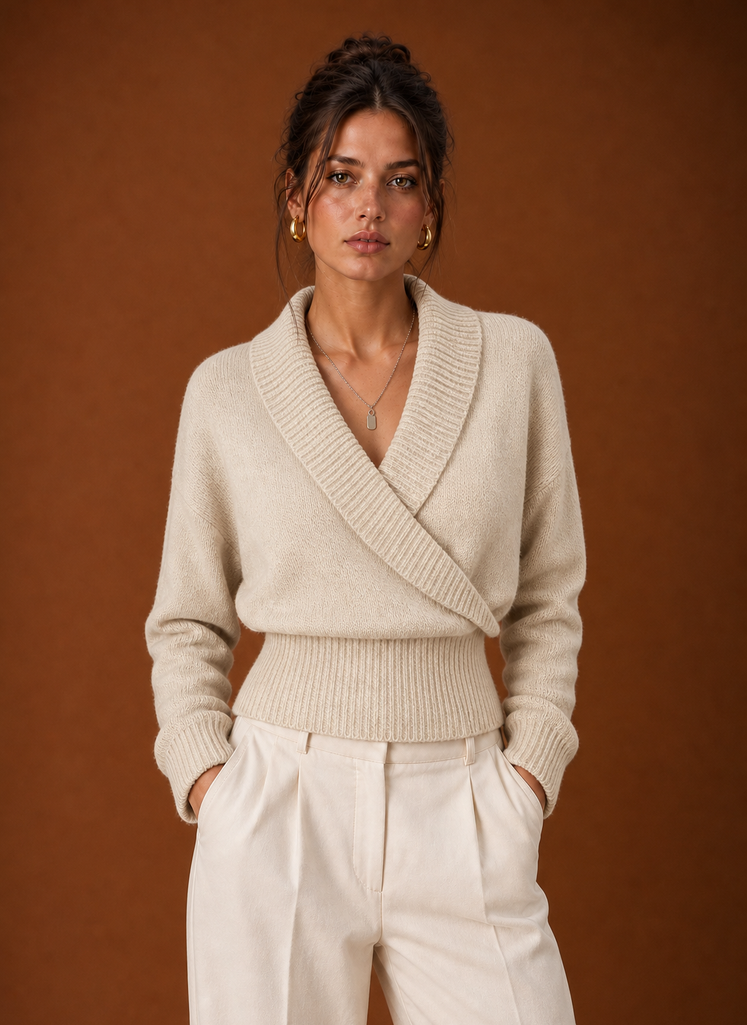 Women's Shawl-Collar Ribbed Wrap Jumper – Beige
