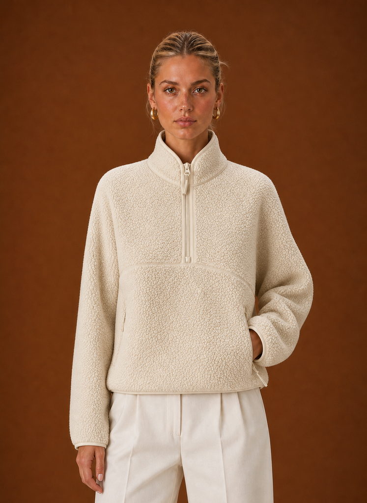 Women's Oversized Sherpa Fleece Quarter-Zip Sweatshirt – Beige