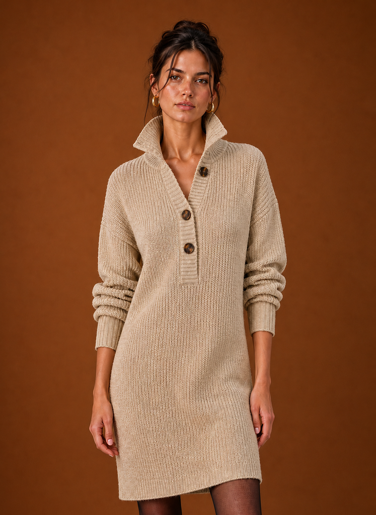 Women's Collared Henley Knit Sweater Dress – Beige